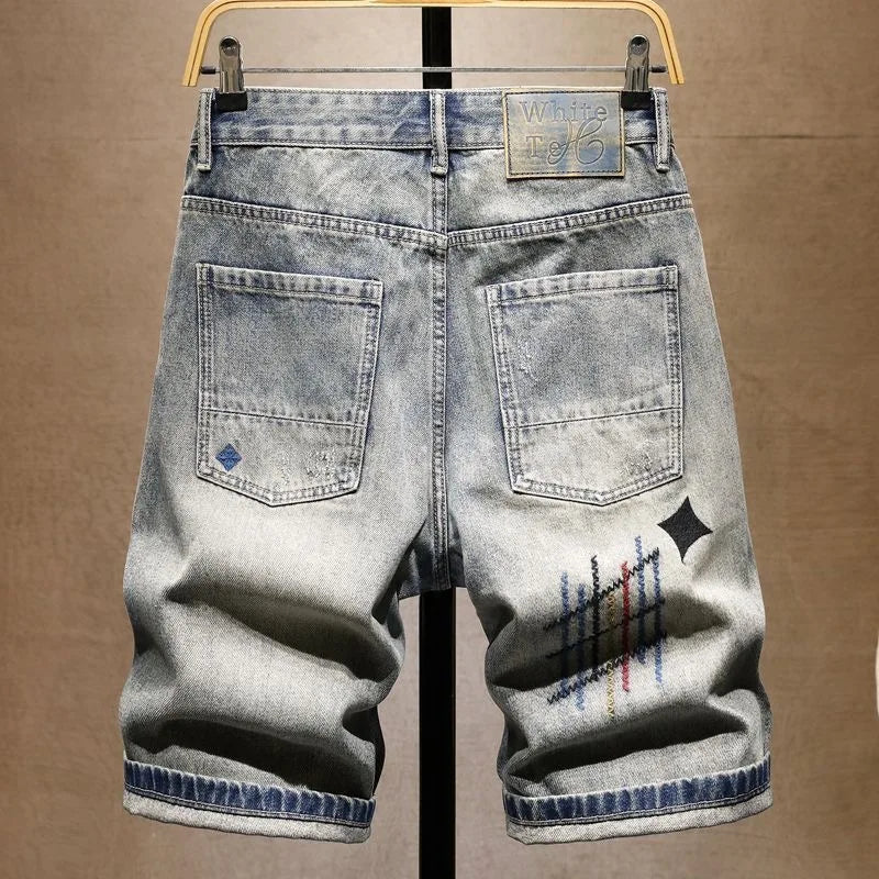 Printed Straight-Leg Stretch Sports Denim Shorts