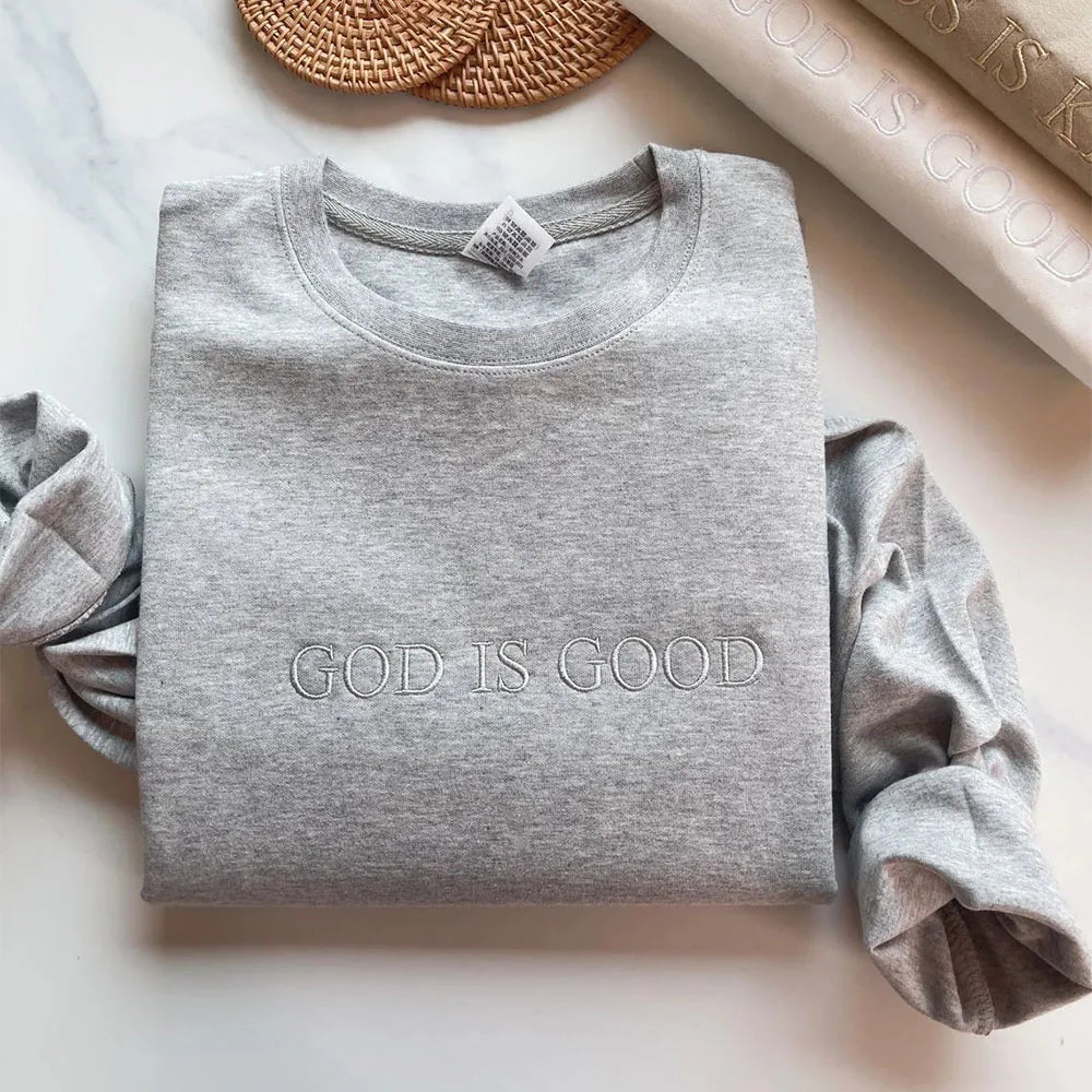 Sudaderas informales bordadas con letras "God is Good" para mujer, jerséis finos de algodón, holgados de primavera, sudadera cristiana de manga larga