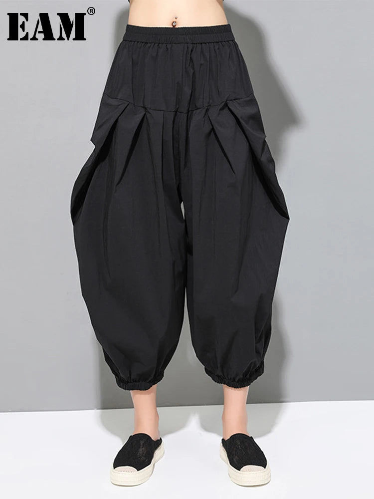[EAM] Pantalones Casuales Plisados Negros de Cintura Alta Elásticos Nuevos Pantalones Sueltos de Moda para Mujer Marea Primavera Otoño 2026 1DF4770
