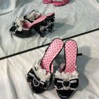 Patent Leather Heart Kitten Heel Mules with Lace Bow