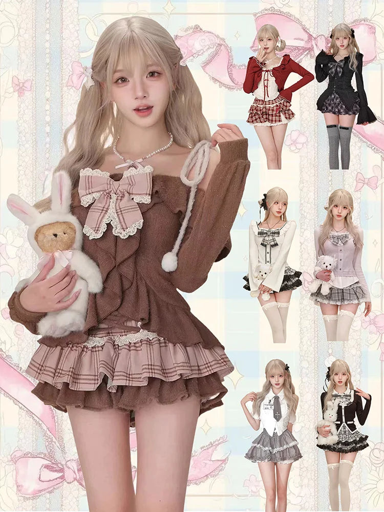 Bow Knitted Cardigan + Ruffles Plaid Mini Skirt Set