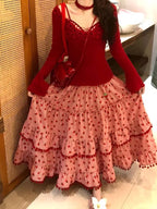 Strawberry Ruffles Plaid Long Skirt
