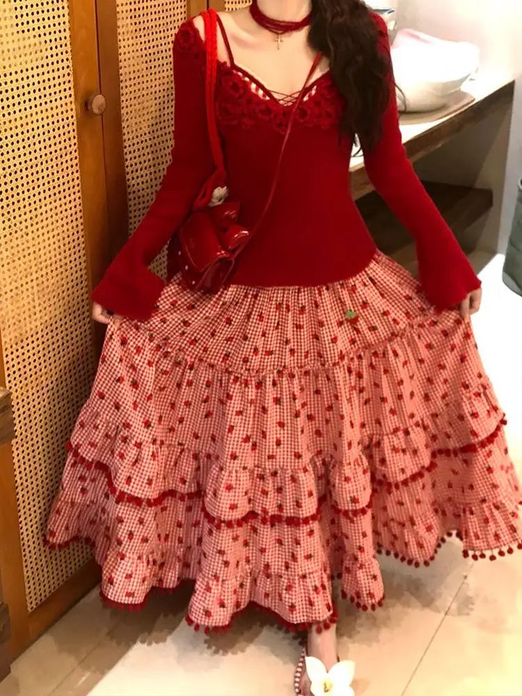 OCEANLOVE Dulce Falda de Mujer Fresa con Volantes Retro Cuadros Rojos Linda Falda Larga Moda Coreana Primavera Verano Faldas Mujer