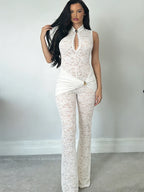 Metal Knot Patchwork Jacquard Ruched Waist Stretch Skinny Jumpsuit