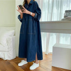 2025 Nuevo vestido vaquero coreano retro suelto de mujer estilo occidental grande, informal, con cuello, abertura, para el trabajo, versátil y que reduce la edad