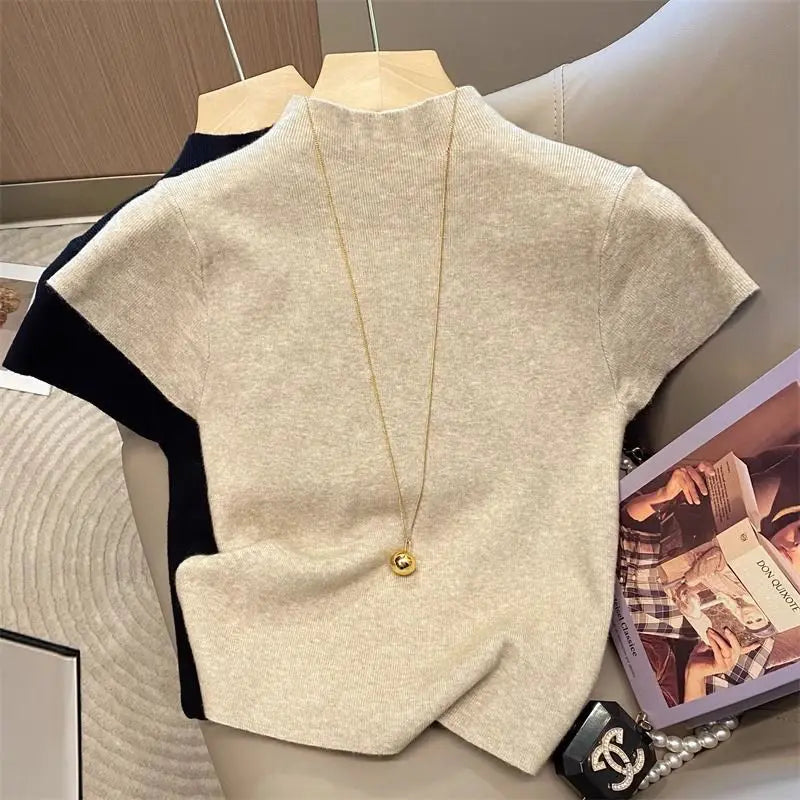 Jersey Básico de Cuello Alto Delgado Sólido Verano 2026 Pulóver Tejido de Manga Corta Ajustado para Mujer