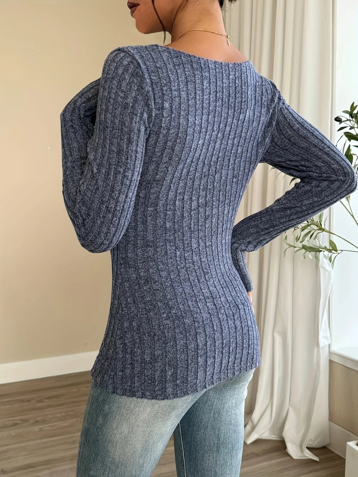 Ribbed Sweetheart Neck Long Sleeve Top