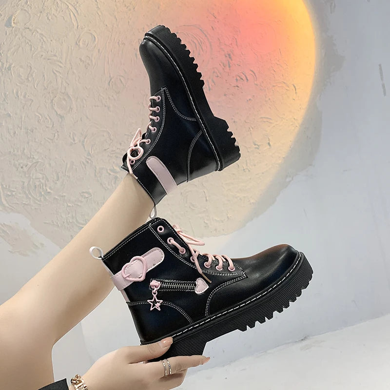 Round Toe Leather Square Heel Ankle Boots