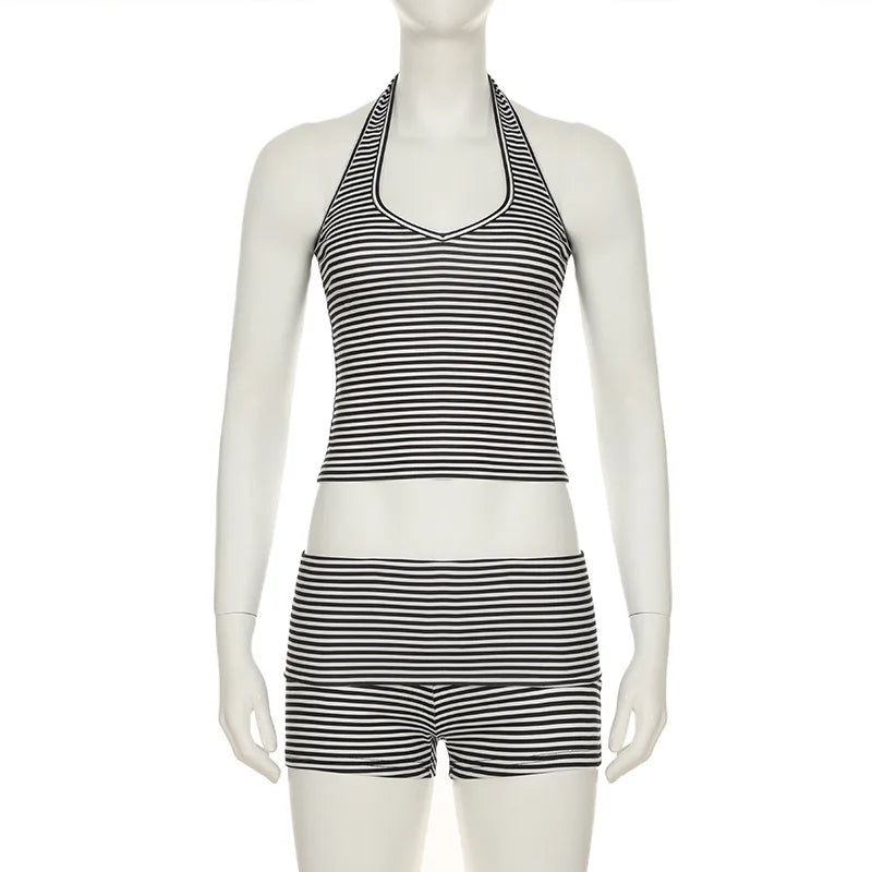 Striped Print Backless Halter Neck Tops and Elastic Shorts Set