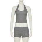 Striped Print Backless Halter Neck Tops and Elastic Shorts Set