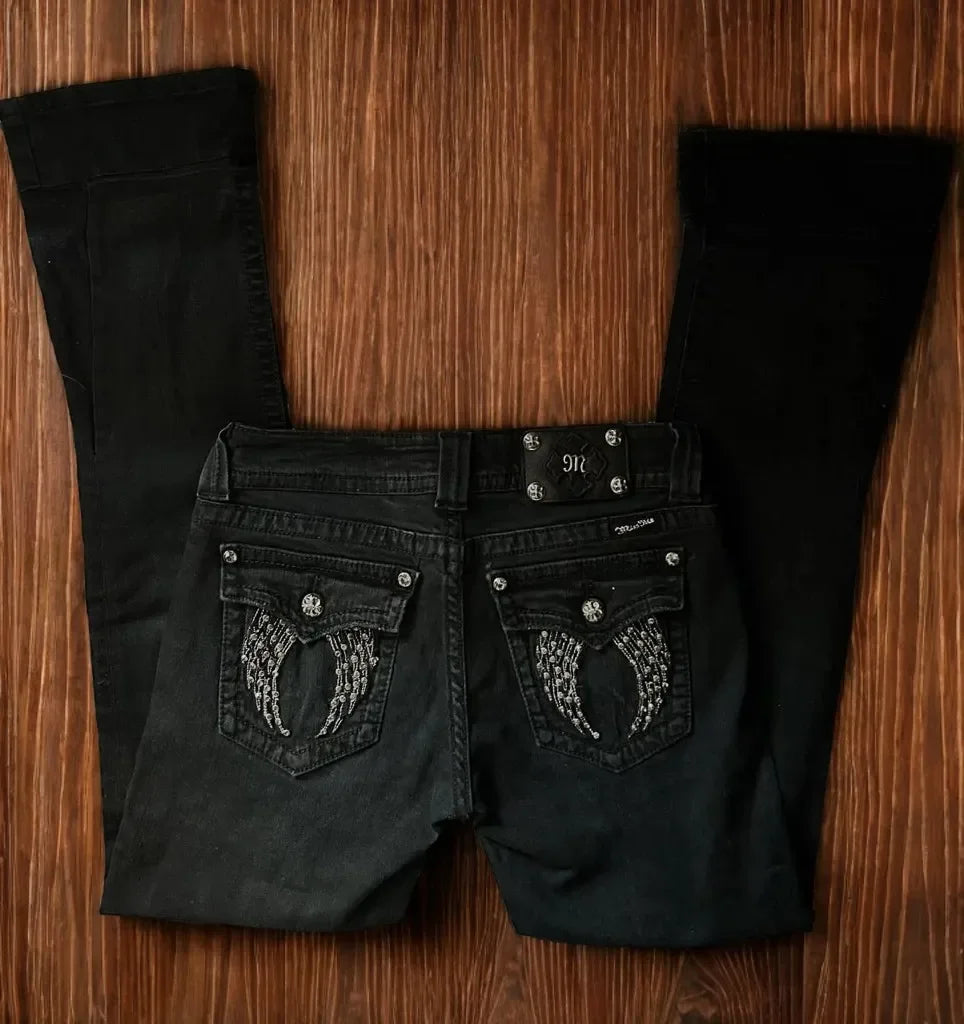 Vaqueros americanos retro desgastados con bordado en los bolsillos, diamantes de imitación, pantalones de mezclilla, pantalones de pierna recta, nuevos para mujer, estilo urbano