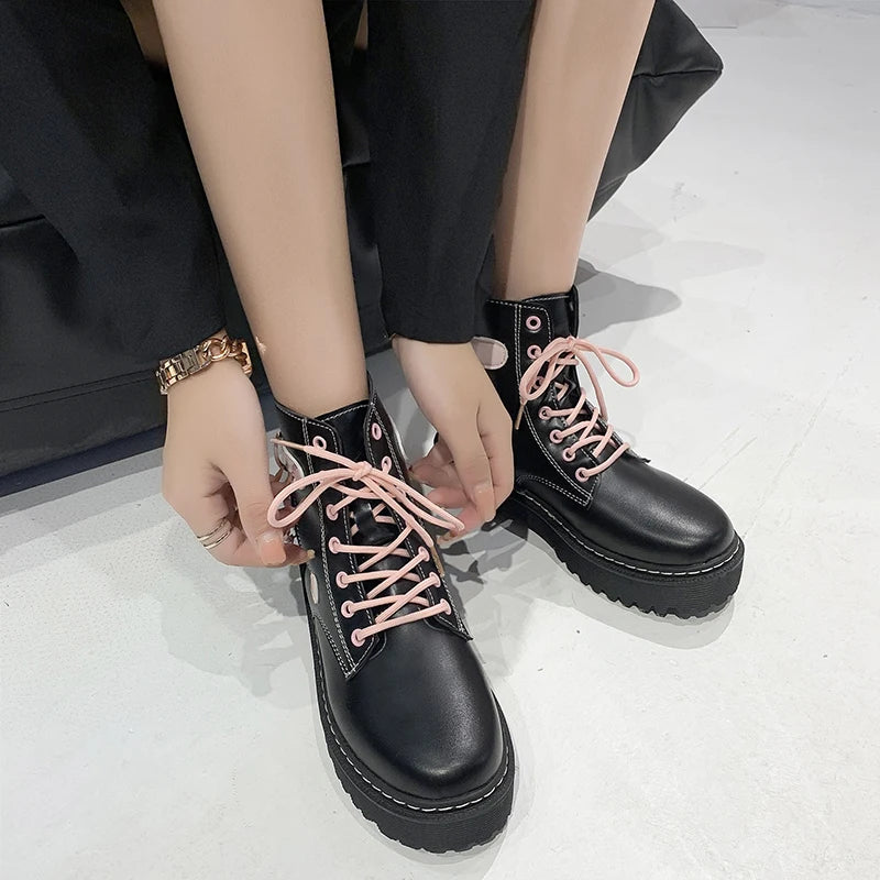 Round Toe Leather Square Heel Ankle Boots