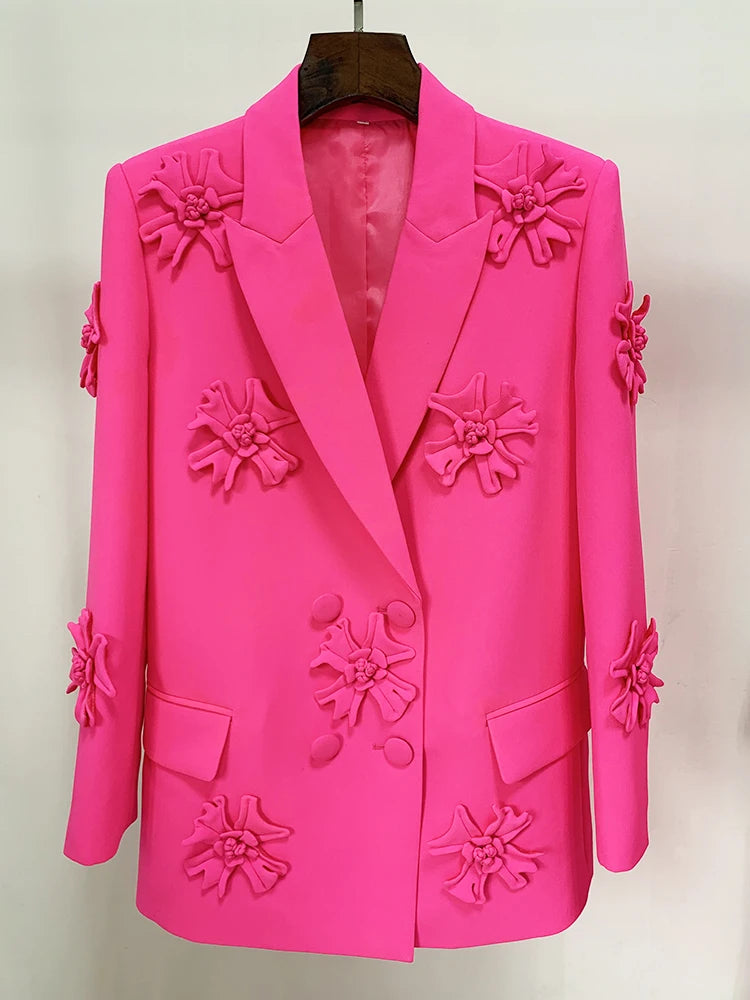 Stereoscopic Flowers Appliques Double Breasted Long Blazer