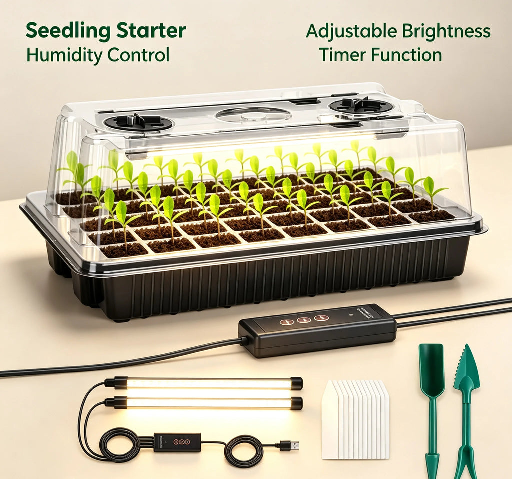 HTMCK 1 Set, Seed Starter Trays With 2 Long Strip Grow Lights, 40 Cells Seed Starter Kit With Humidity Dome For Home Gardene
