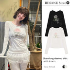 Rose Print Lace-paneled Long Sleeve O-neck T-Shirt