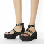 Open Toe Buckle Strappy Rivet Platform Sandals