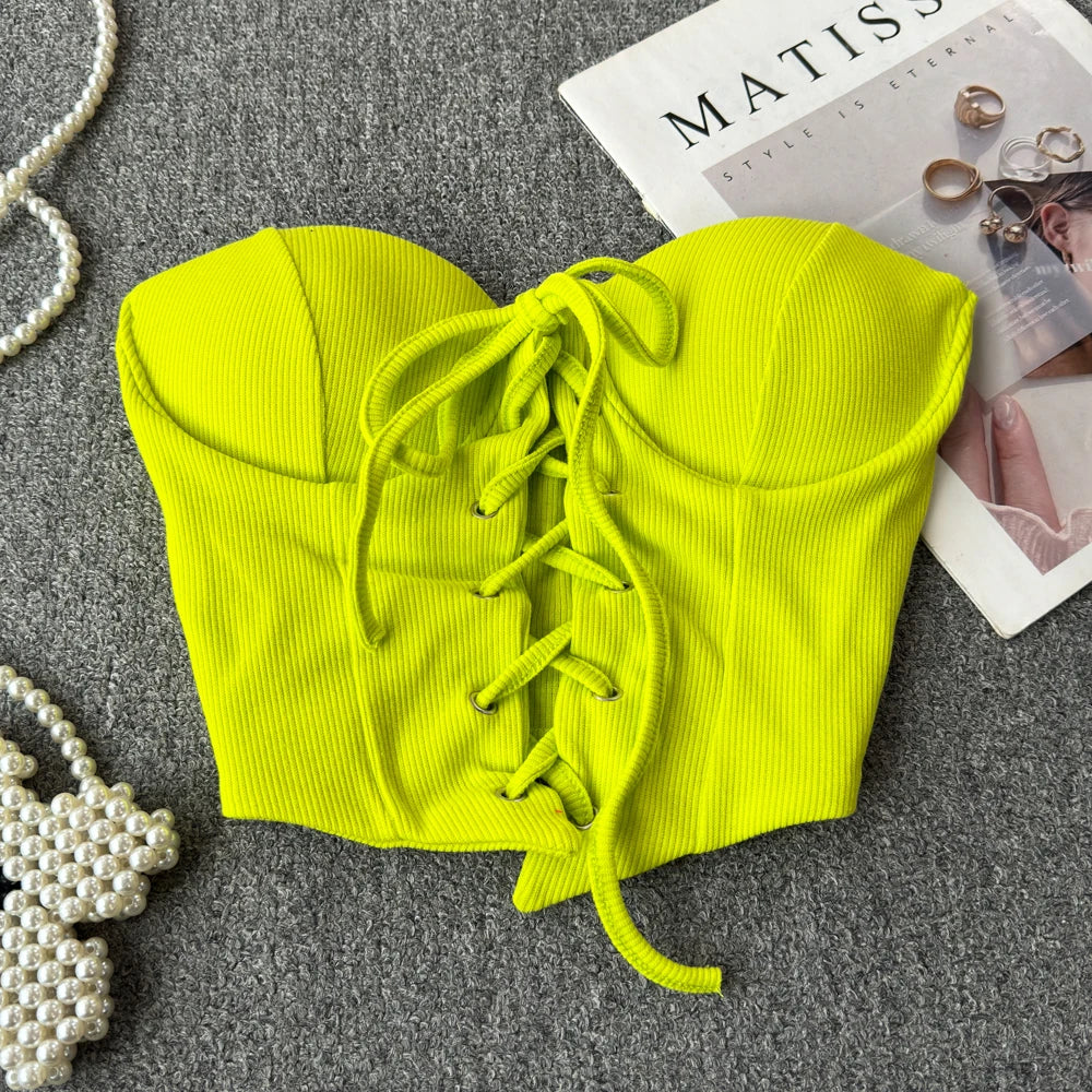 Tops sin espalda para mujer, nueva llegada, cuello tipo slash, sujetador incorporado, ombliguera, con cordones, camisola ajustada, verano, vintage, gallus, dropship