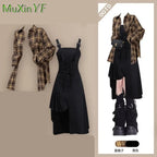 Conjunto de dos piezas de camisa a cuadros y vestido sexy irregular a juego, moda de verano/otoño, elegante cárdigan de estilo coreano con falda a rayas para mujer