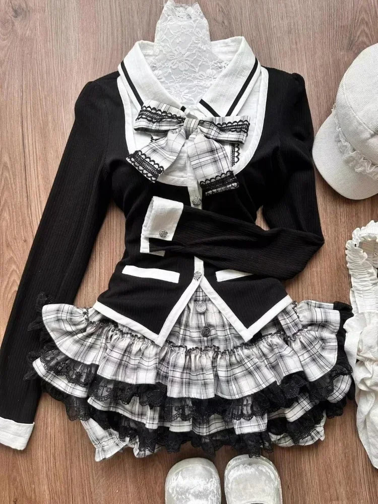 Bow Knitted Cardigan + Ruffles Plaid Mini Skirt Set