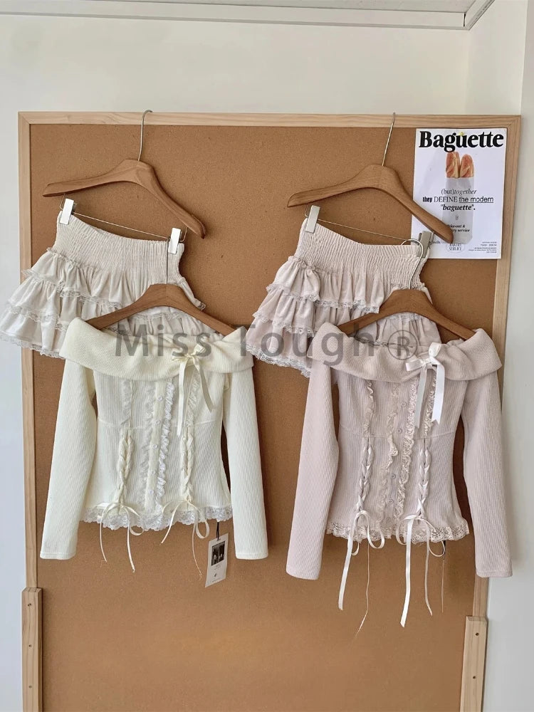 Conjunto de 2 piezas de invierno de punto japonés Kawaii Y2k para mujer, falda elegante de encaje, retro, traje de falda chic, tops + minifalda de pastel 2025