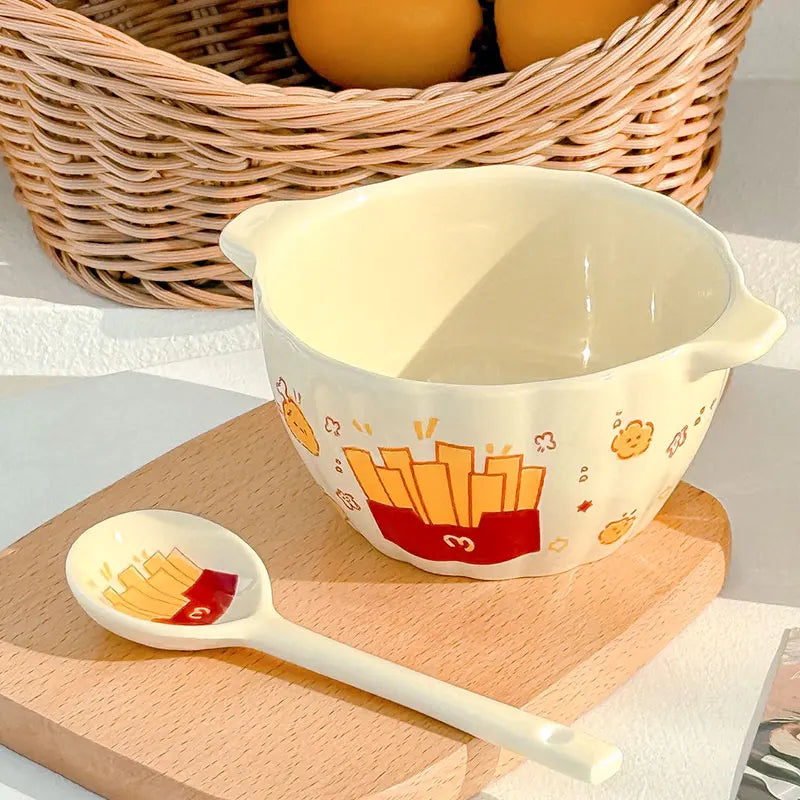 French Fries Ceramic Double Handle Bowl with Spoon