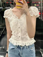 Camiseta Delgada de Cuadros Verdes Vintage para Mujer, Verano, Dulce, con Ribete de Encaje, Manga Corta, Algodón, Tops Casuales Retro Elegantes, Top Corto con Volantes