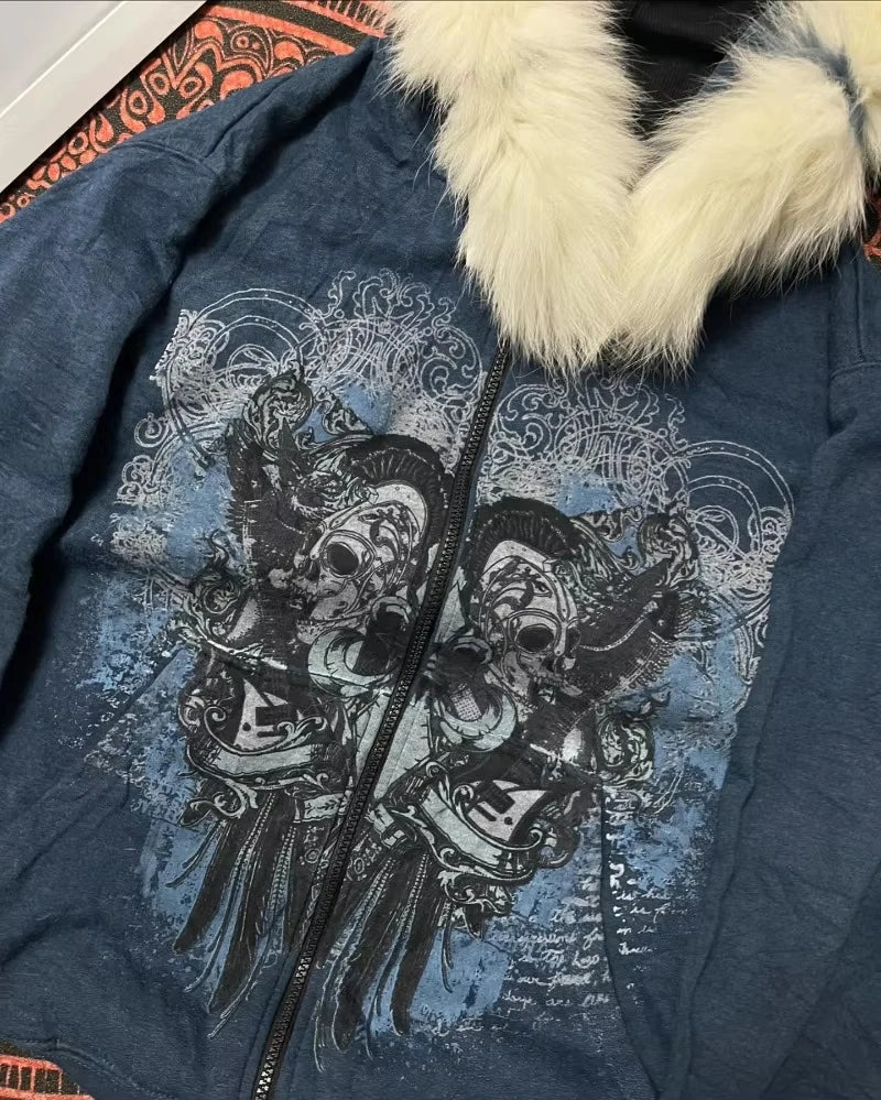 Tendencia de moda urbana Y2K, sudadera con capucha y cremallera con cuello de piel, estilo Harajuku, informal, holgada, gruesa, unisex, cálida.