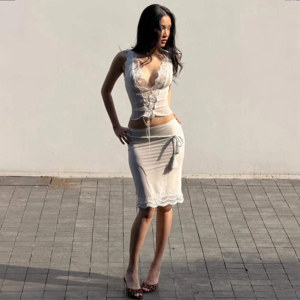 Deep V Sleeveless Lace Trim Top and Midi Skirt Set