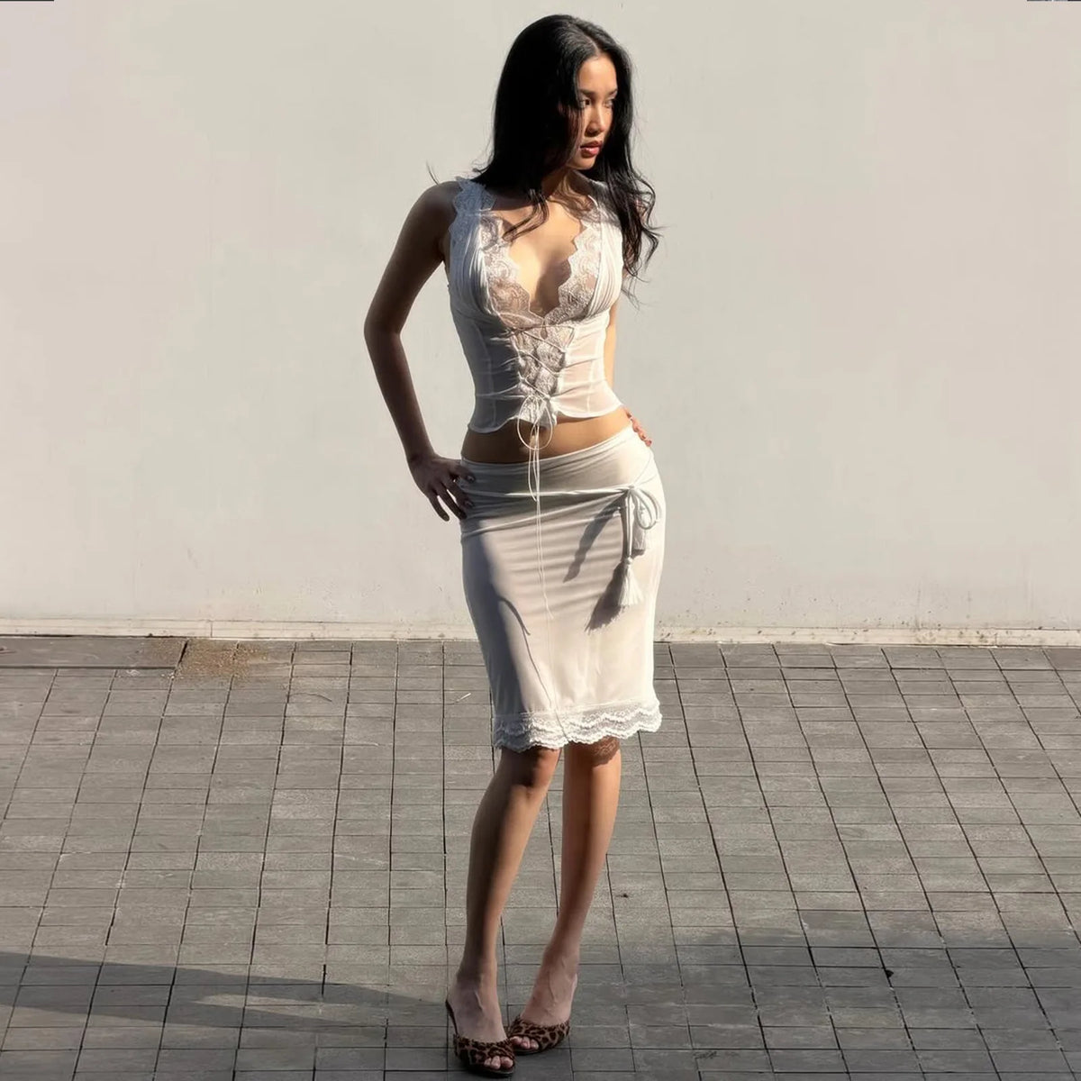 Deep V Sleeveless Lace Trim Top and Midi Skirt Set