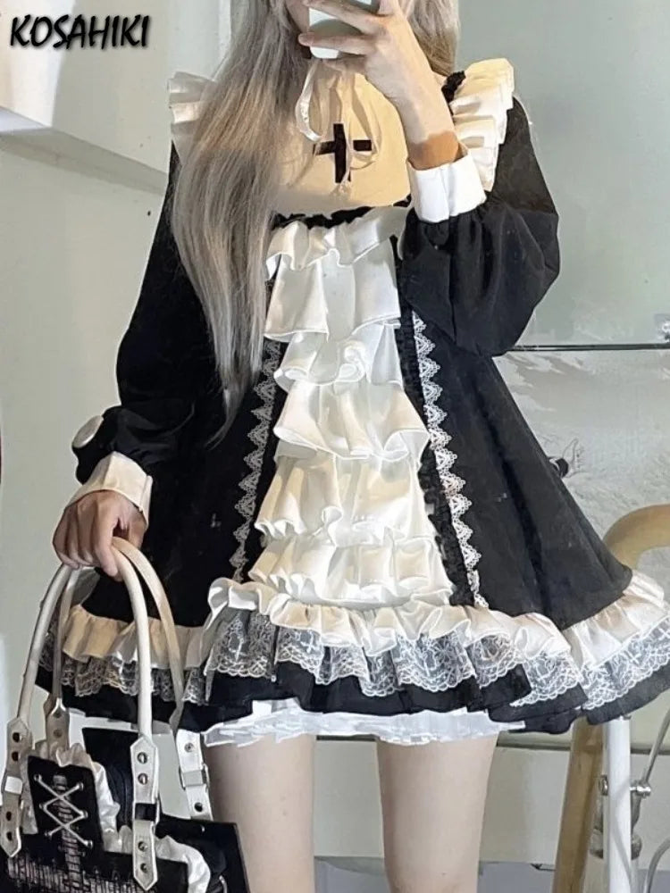 Ruffled Fairy Sweet Long Sleeve Dress Kawaii Lolita Lace Patchwork Dresses Y2k Aesthetic Ball Gown Contrast Color  Robe Women