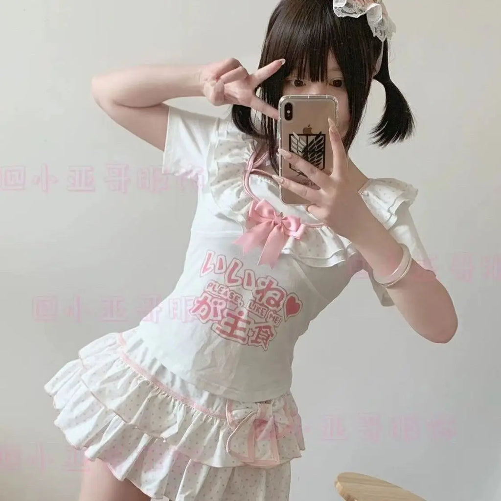 Harajuku Girls Lolita Mini Falda Y2K Mujer Estilo Japonés Lazo Faldas Plisadas Lindas Dulces Lunares Volantes Faldas con Capas Regalo
