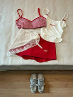Conjunto de Top Elástico de Cuadros con Escote de Pico y Pantalones Cortos Informales con Lazo