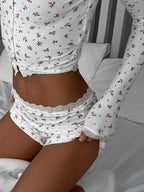 Floral Lace Long Sleeve Top Shorts Set