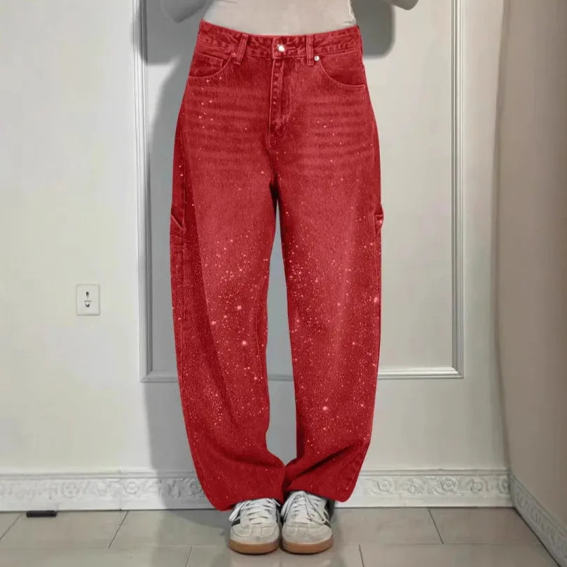 Pantalones vaqueros de mujer con estrellas bordadas y diamantes de imitación, estilo vintage informal de mezclilla con detalles brillantes