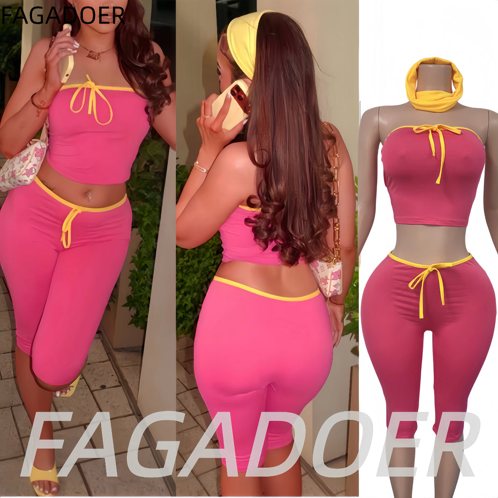 Patchwork Lace-up Shorts Two Piece Set