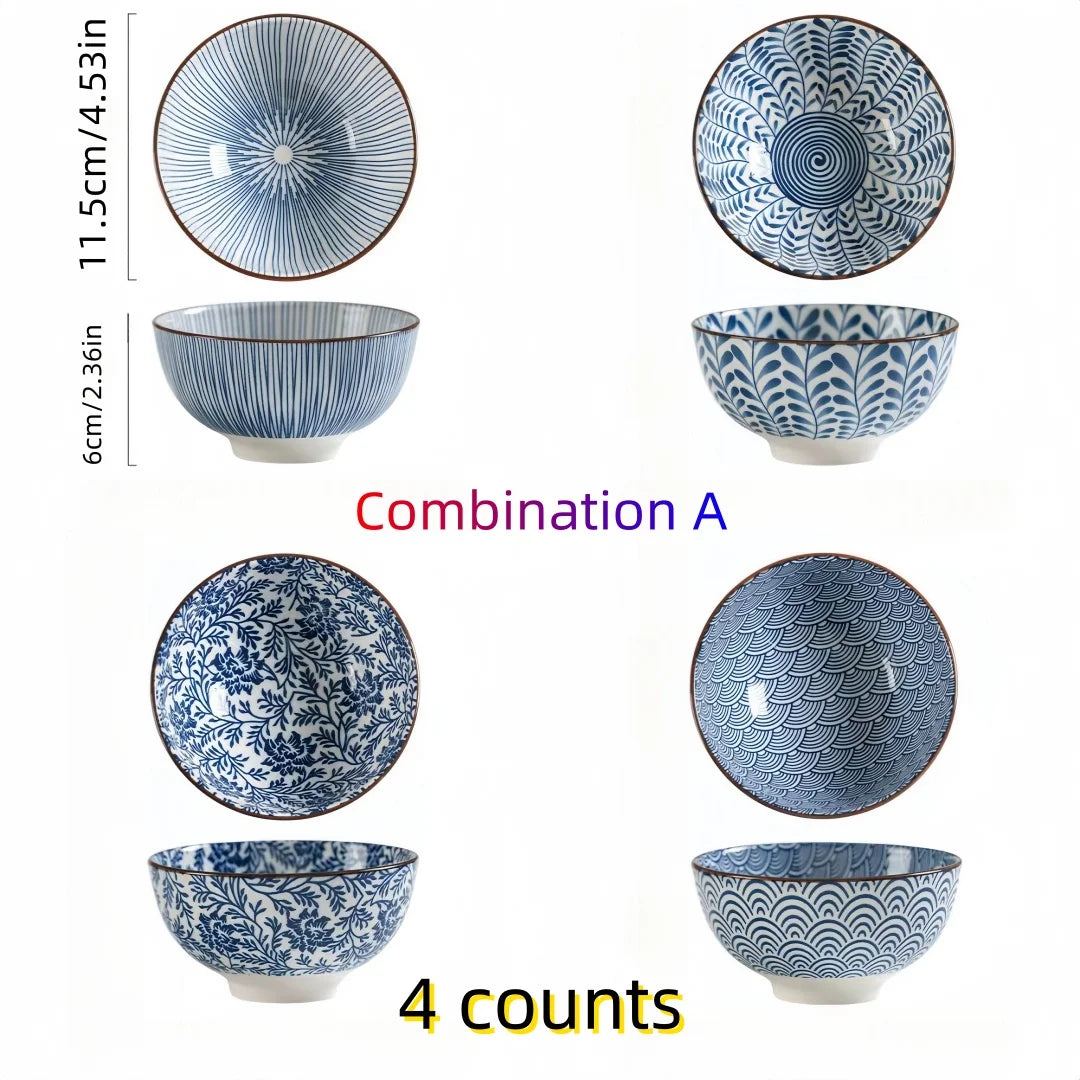 Japanese style blue and white hand painted 4.5 inch ceramic bowl