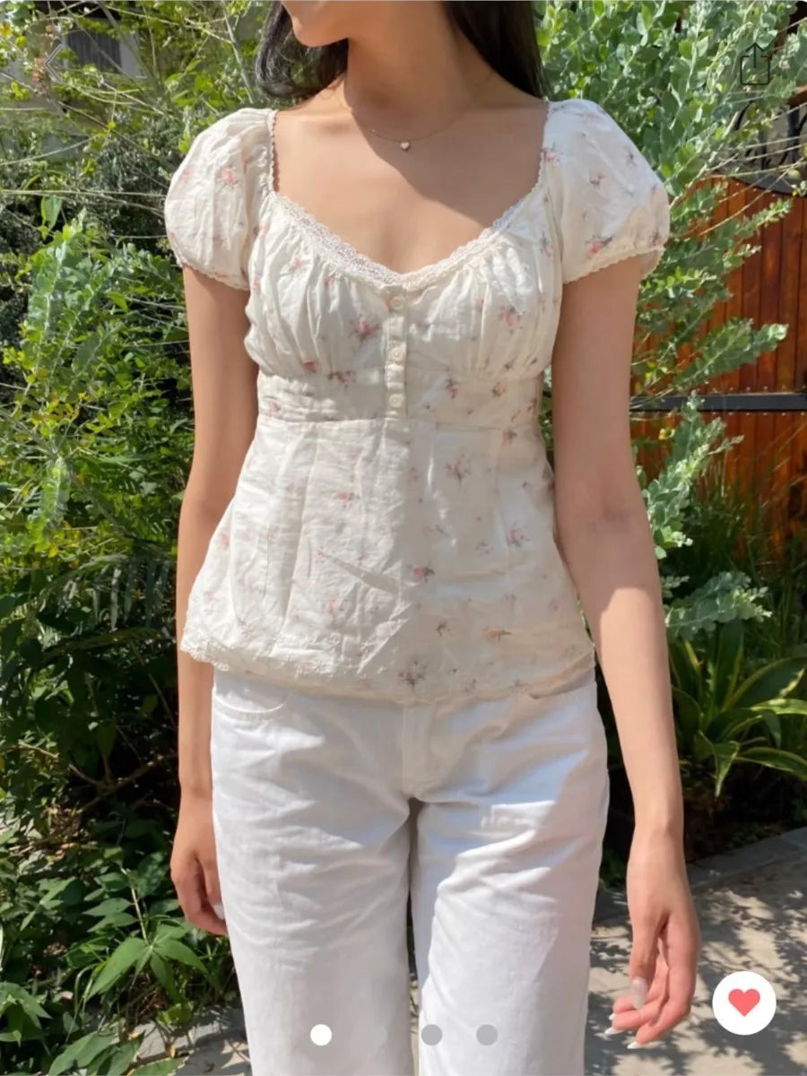 Camiseta Delgada de Cuadros Verdes Vintage para Mujer, Verano, Dulce, con Ribete de Encaje, Manga Corta, Algodón, Tops Casuales Retro Elegantes, Top Corto con Volantes