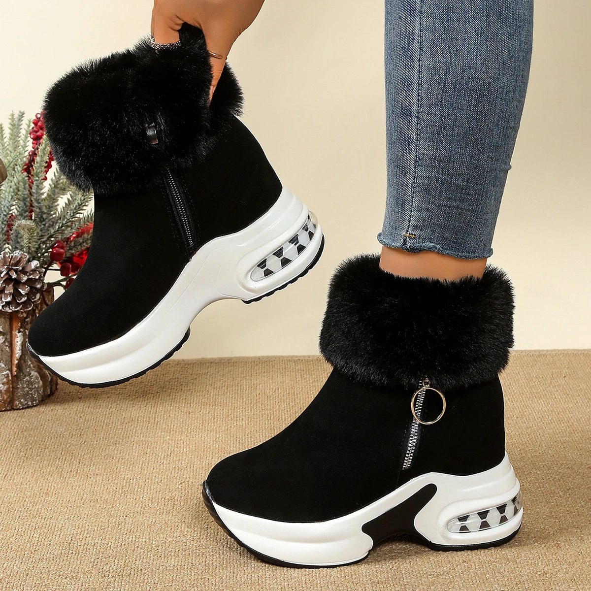 Thick-soled Leopard Print Frosted Zipper Cotton Boots