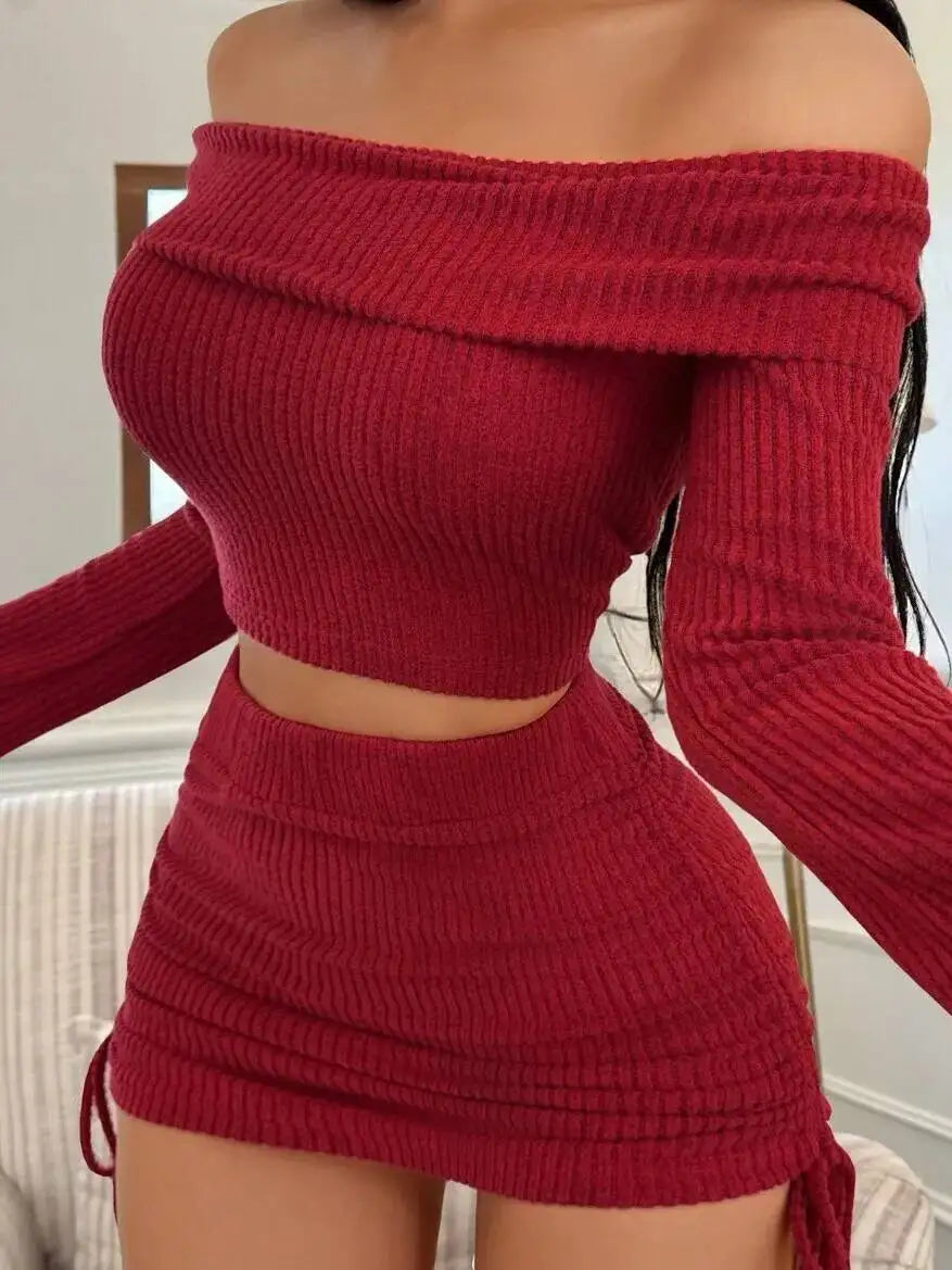 Off-The-Shoulder Solid Color Skirt Set