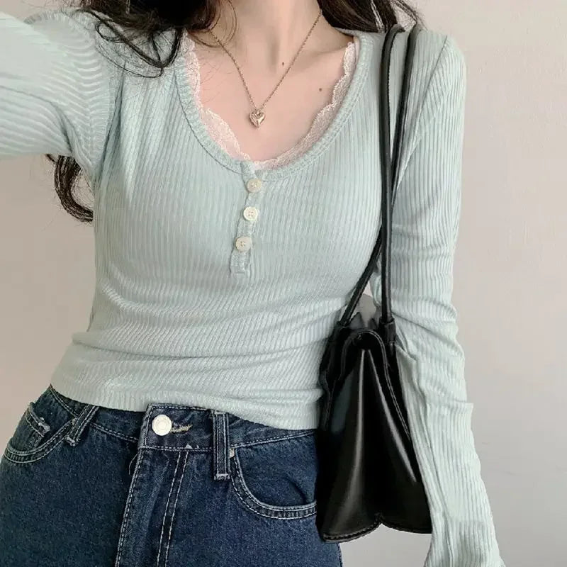 Long Sleeve Slim Lace Button Top