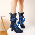 Bow Lace Mid Calf Boots