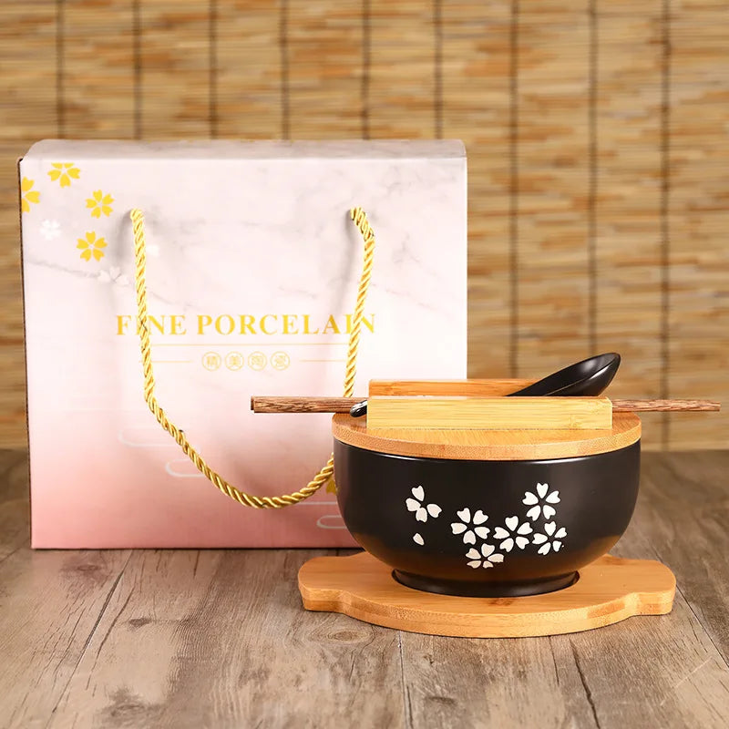 Ceramic Japanese Style Rice Noodle Bowl with Lid Spoon Chopstick
