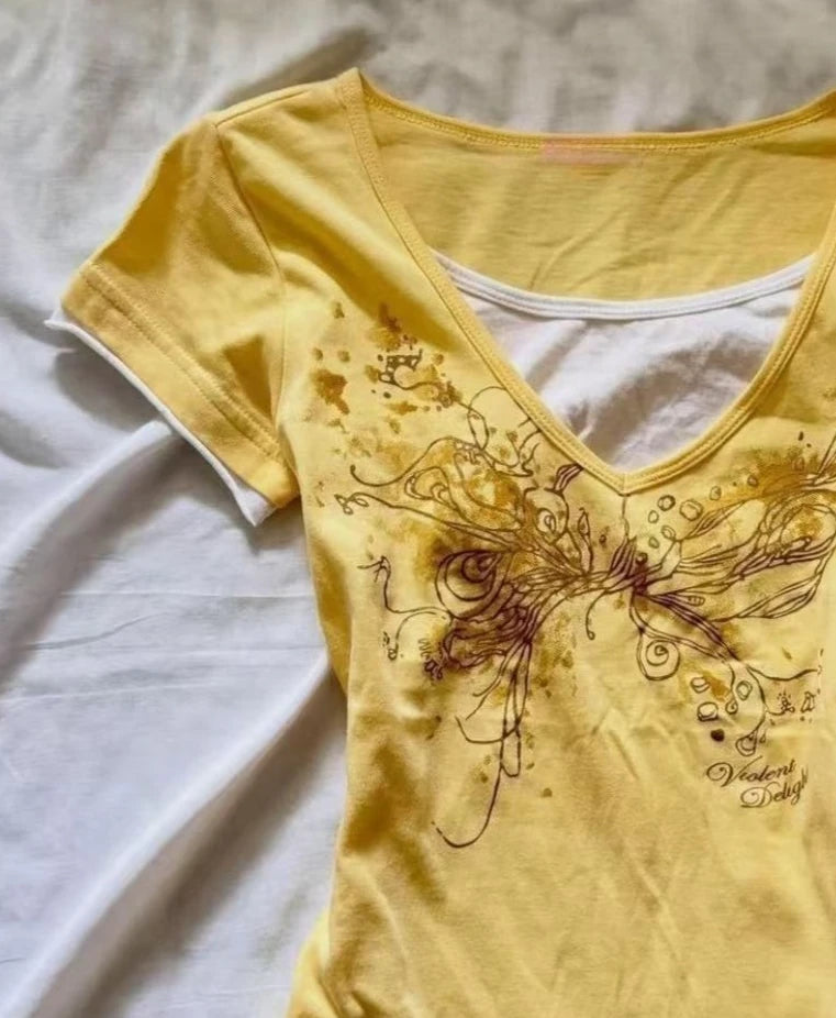 Yellow Fake Two‑Piece Short Sleeve Tee