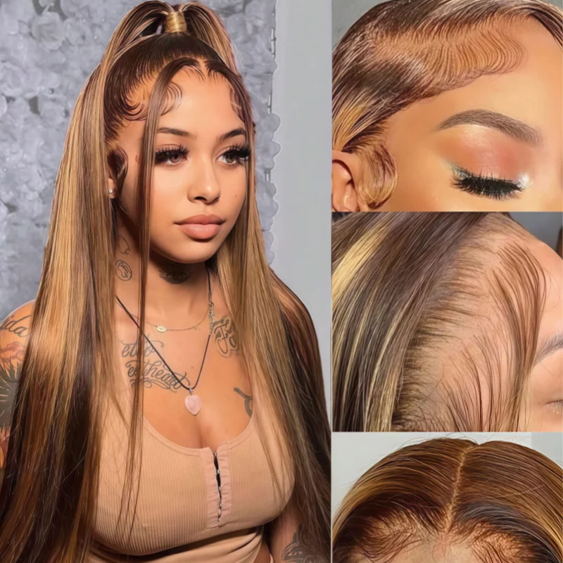 P4 27 34inch Colored Silky Straight Human Hair Wig 250 Density 13x4 Lace Forehead, High-Definition Transparent Full Lace Wig Pre Pulled and Bleached Hair Knots  No Glue Required  Suitable for Black Women