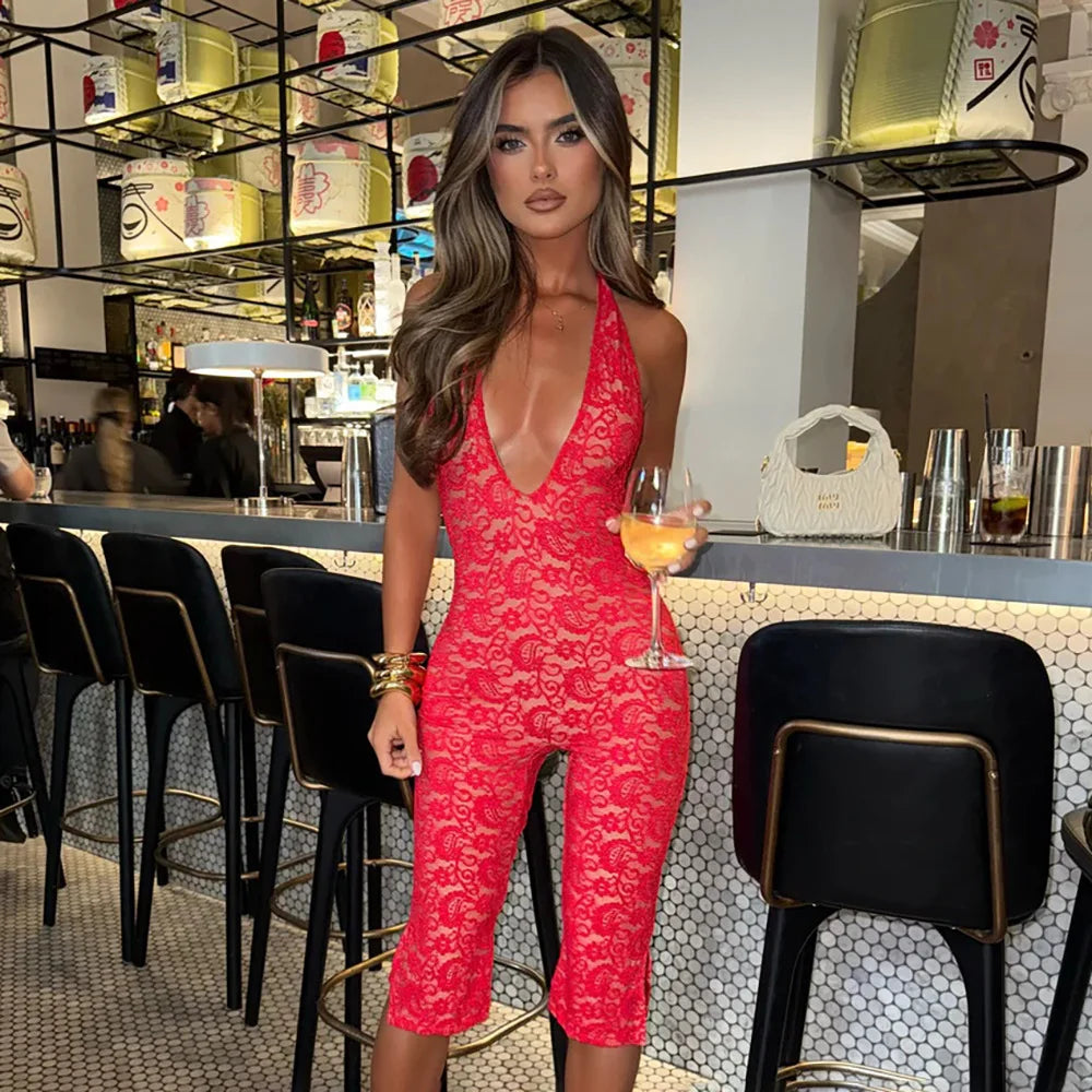 Lace Seven-Point Long Pants Bodycon Romper