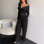 Traje informal de dos piezas para mujer: top de manga larga con botones de color liso y pantalones de pierna ancha con bolsillos y cordón, para primavera/verano.