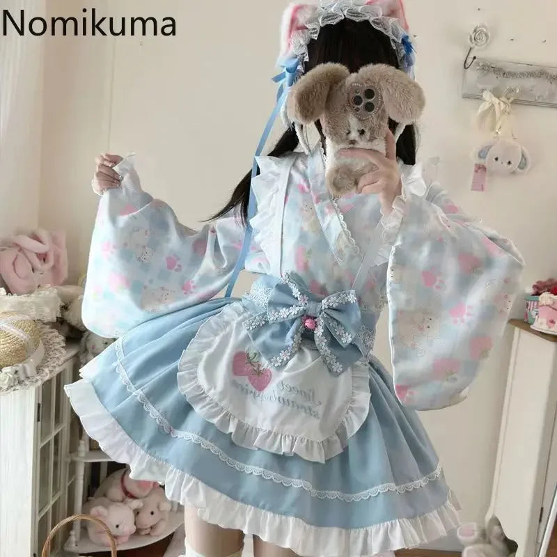 Flare Sleeve Bandage Ruffles Shirt High Waist A-line Skirt Set