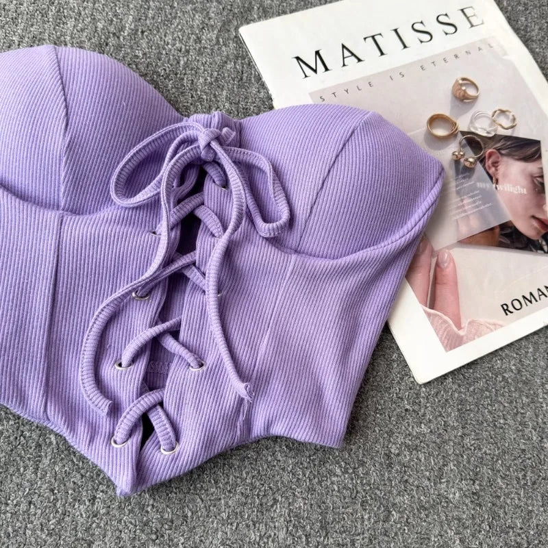 Tops sin espalda para mujer, nueva llegada, cuello tipo slash, sujetador incorporado, ombliguera, con cordones, camisola ajustada, verano, vintage, gallus, dropship