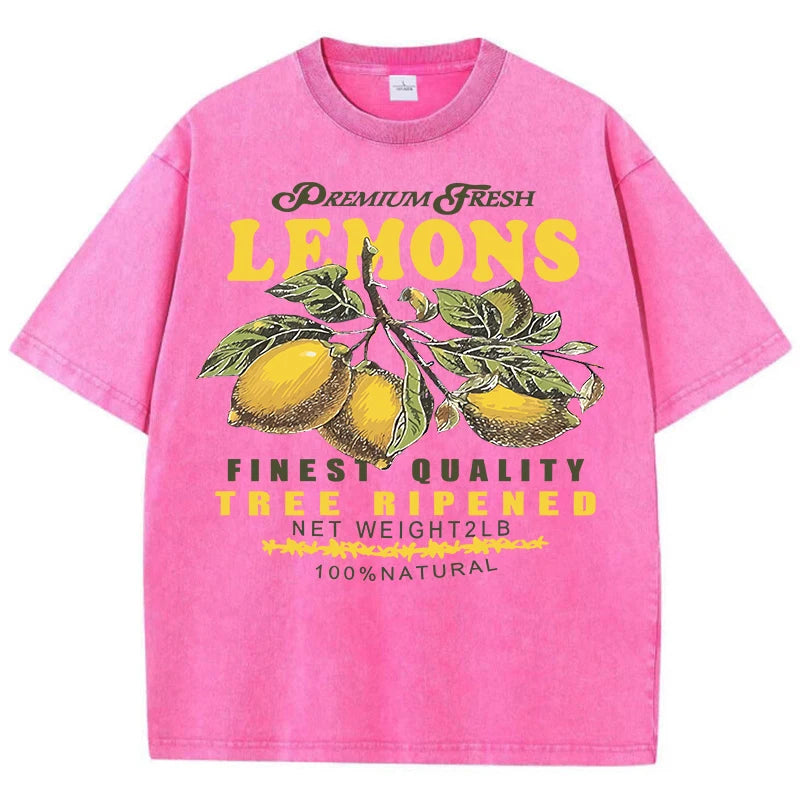 Premium Fresh Lemons Fruit Print Washed T-Shirt