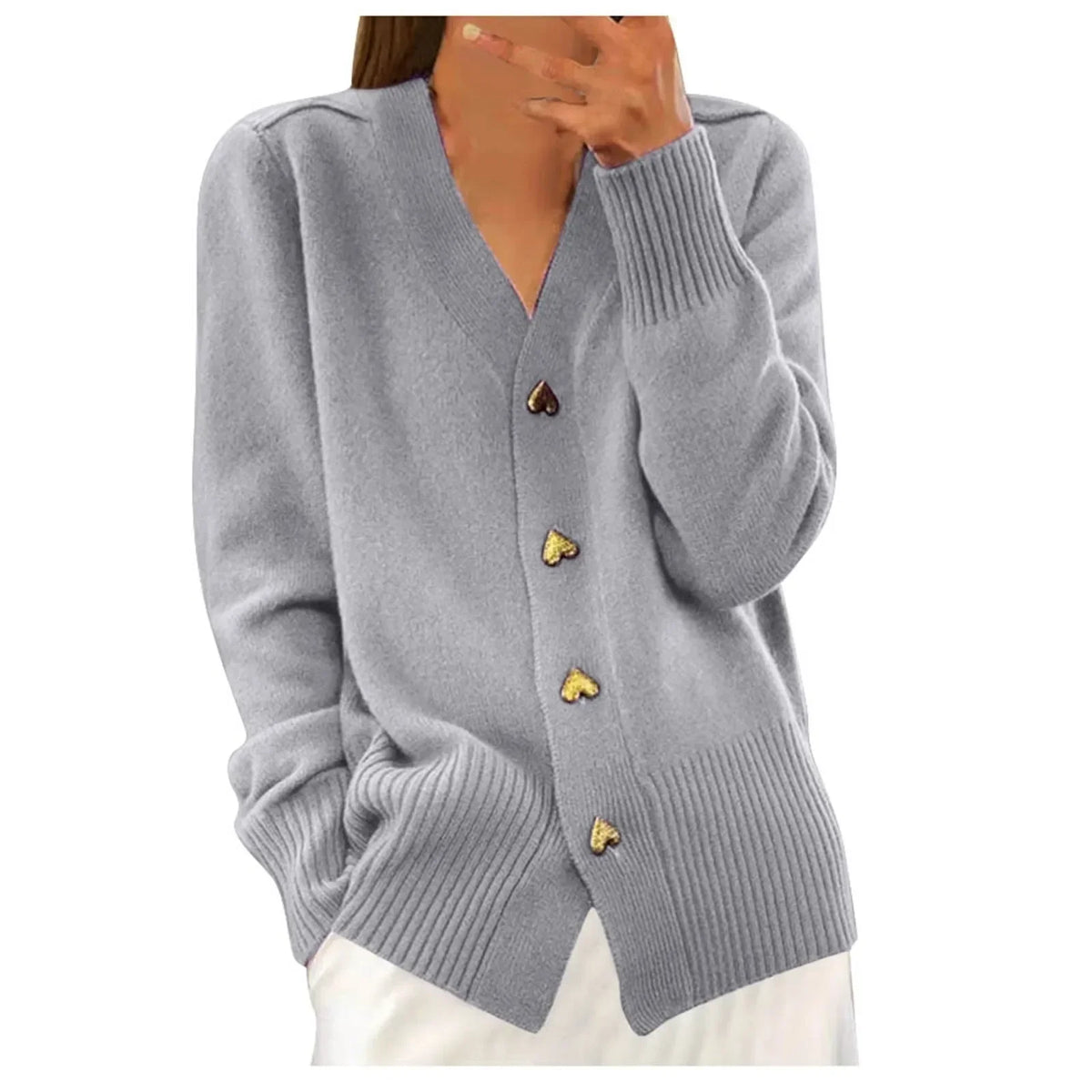 V Neck Love Button Down Plain Yarn Buttoned Cardigan